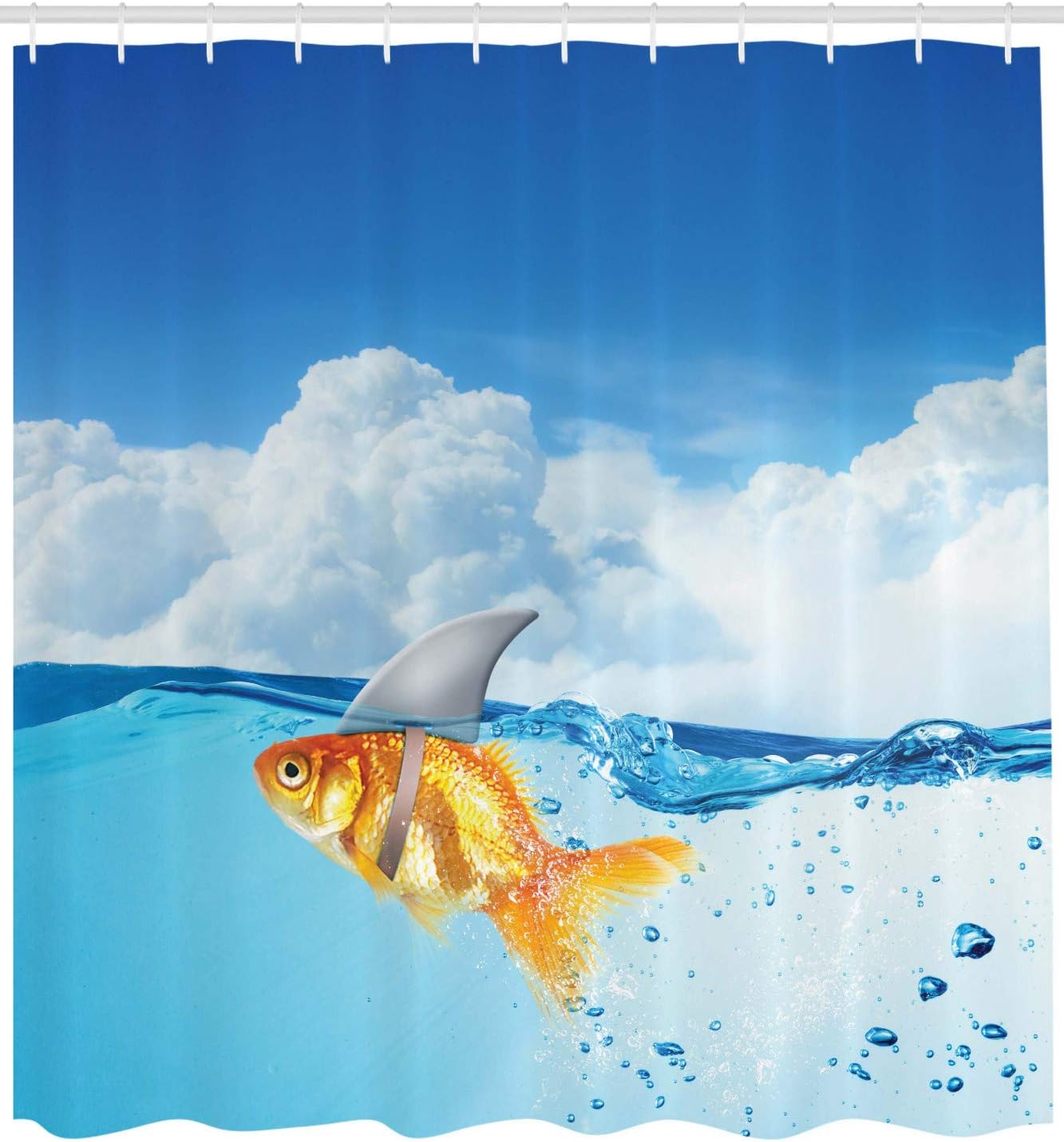 Ambesonne Shark Shower Curtain, Goldfish Mammal Fin on Top of The Water Fake Comical Humorous Nature Image, Cloth Fabric Bathroom Decor Set with Hooks, 69" W x 70" L, Blue Orange