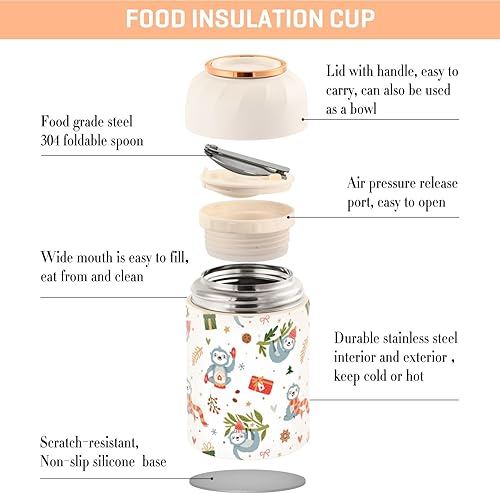 Miniatura 4 de Christmas Cute Sloth Winter Food Jar with Spoon Stainless Steel Vacuum Insulated Food Container 17 oz Soup Thermos for Hot Food