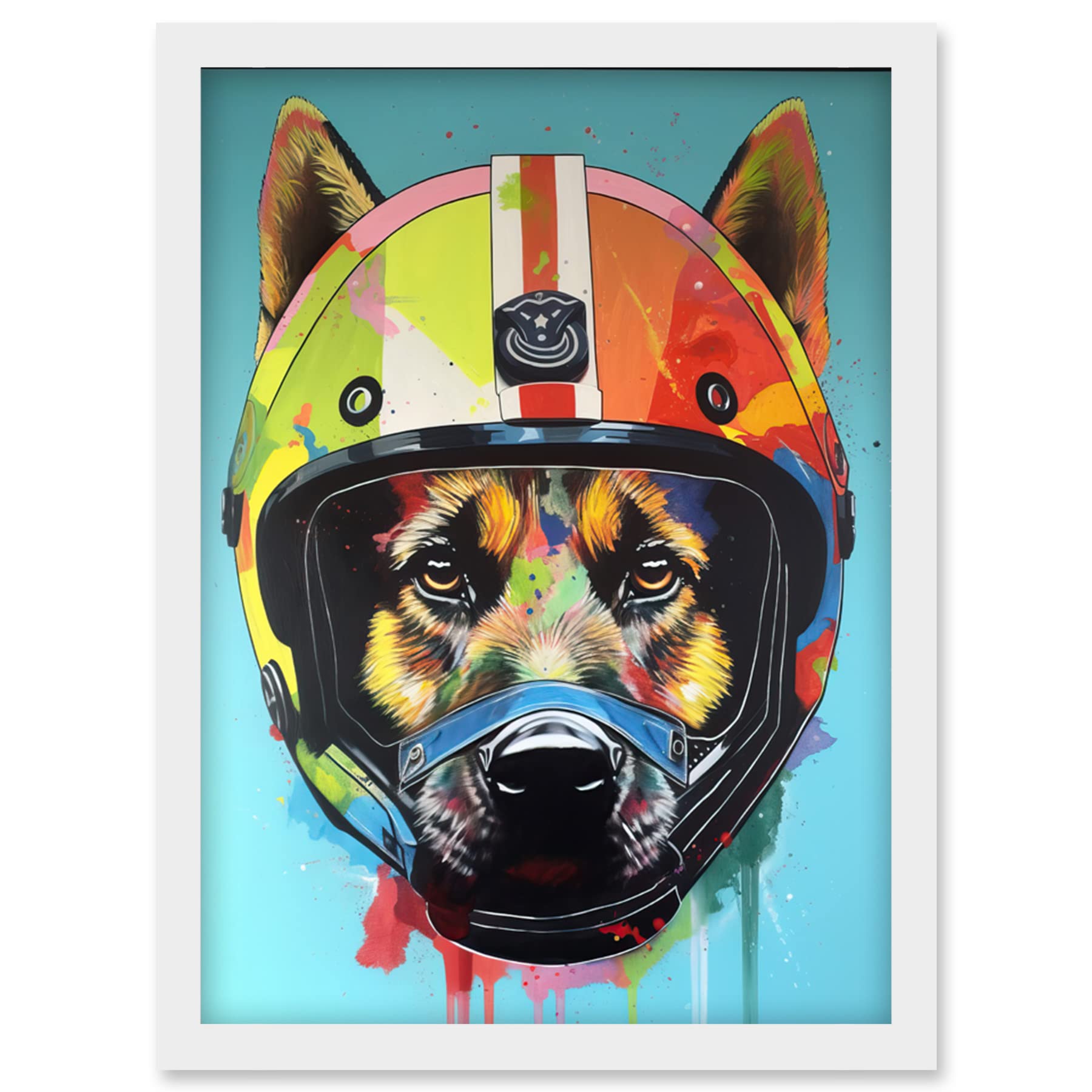 Artery8 German Shepherd Wearing Motorbike Helmet Pop Art Artwork Framed Wall Art Print A4