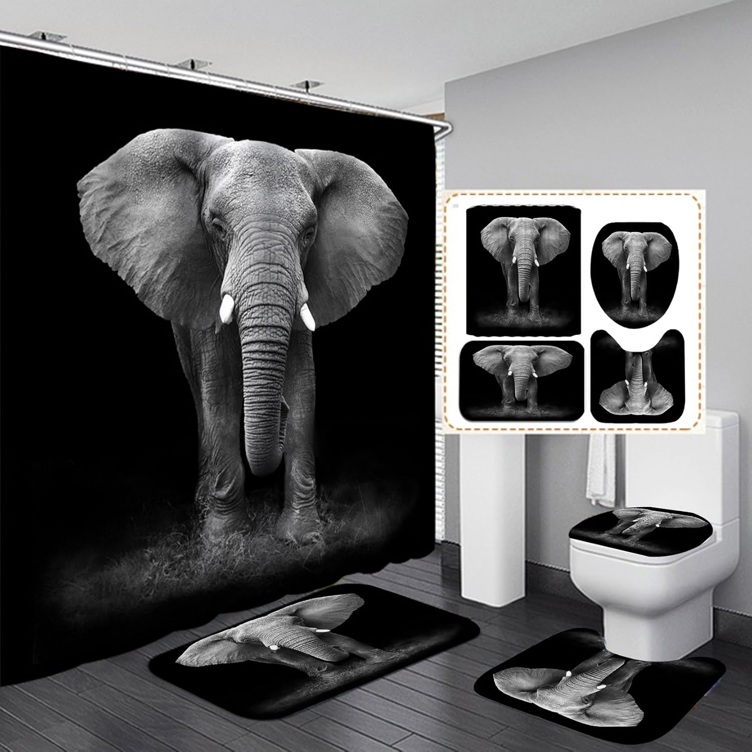 4PCS Black Elephant Shower Curtain Set, Animal Style Bathroom Decor, with Rugs and Accessories Non-Slip Rug, Toilet Lid Cover, Bath Mat and 12 Hooks, 70.8 X 70.8 inch (Elephant)