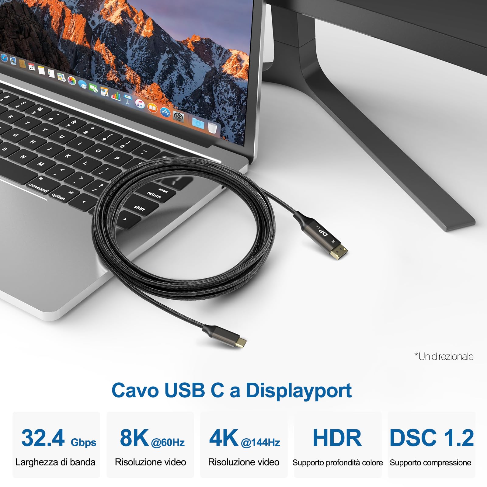 Ablink Cavo da USB C a DisplayPort 1.4 5m,[8K@60 Hz,4K@240Hz/144Hz] Cavo Thunderbolt 4/3 a DP 32.4Gbps HDR,Compatibile con iPhone 16/15, iMac, MacBook Pro Max,iPad Pro Air Galaxy S24,Surface XPS