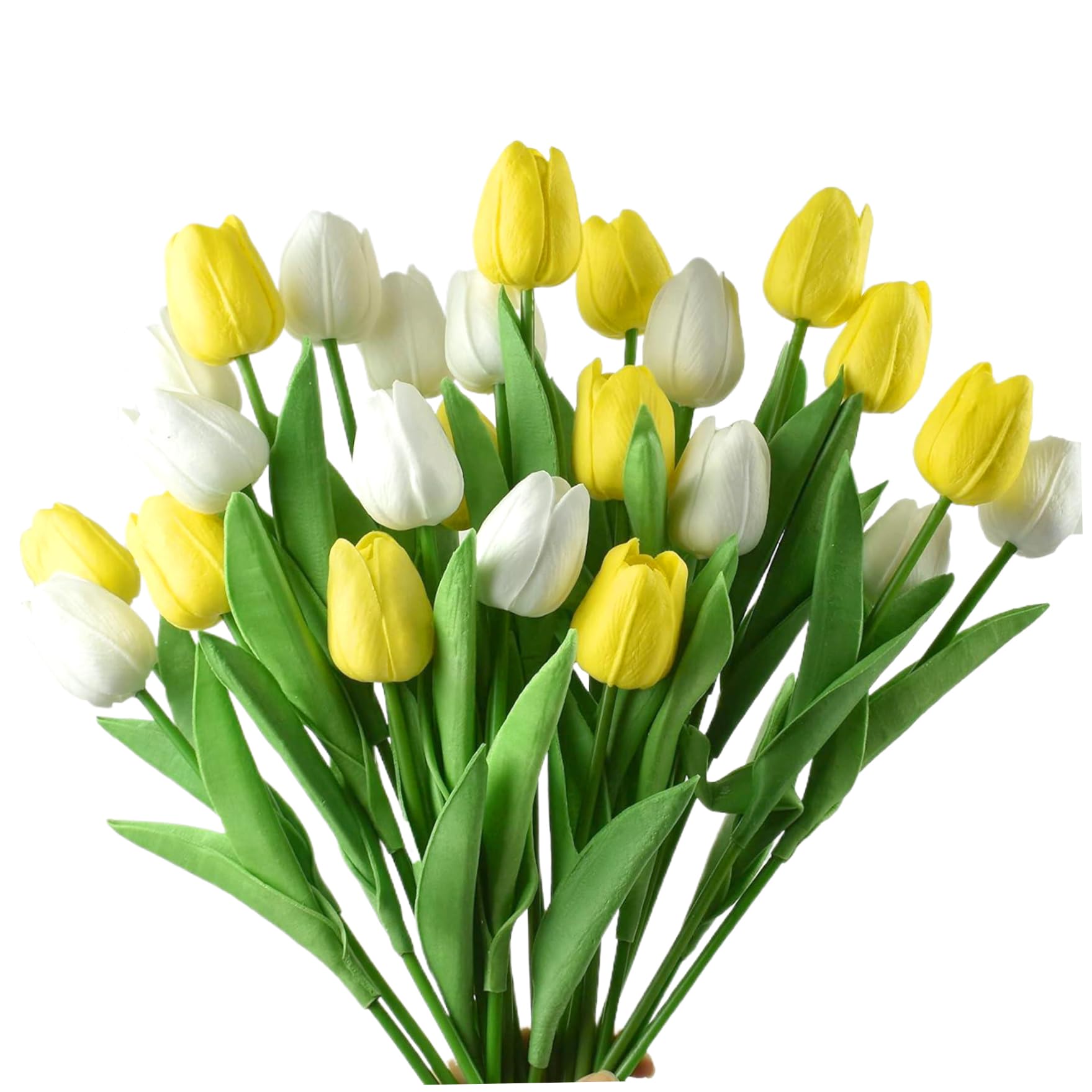 Tulipes artificielles 24 pièces fausses tulipes PVC jaune blanc vase
