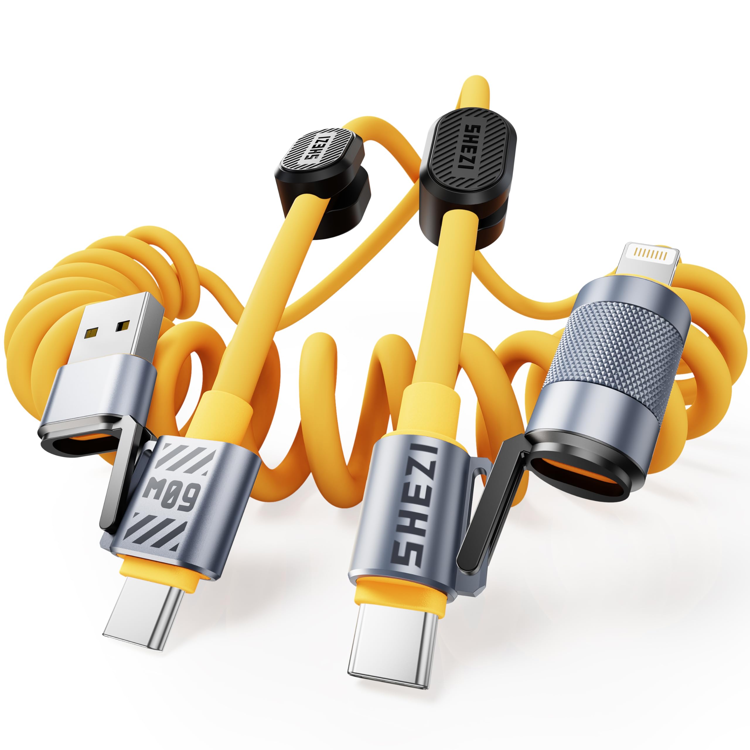 4-in-1 Coiled USB C Cable 60W with Magnetic Organizer [SHEZI Series] Fast Charging Lightning Cable iPhone Charger Cord [CarPlay&Android Auto], Multi Cable with Lightning/Type C/USB A Port-5ft