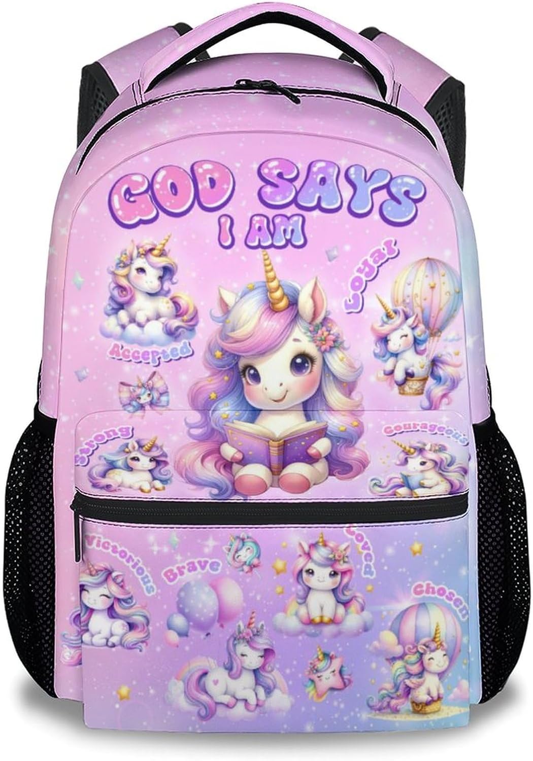 Girls Backpack - Unicorn Backpack for School - Cute Kids Bookbag - 17 Inch Toddler Schoolbag for Primary, God Says I Am Christian Gifts