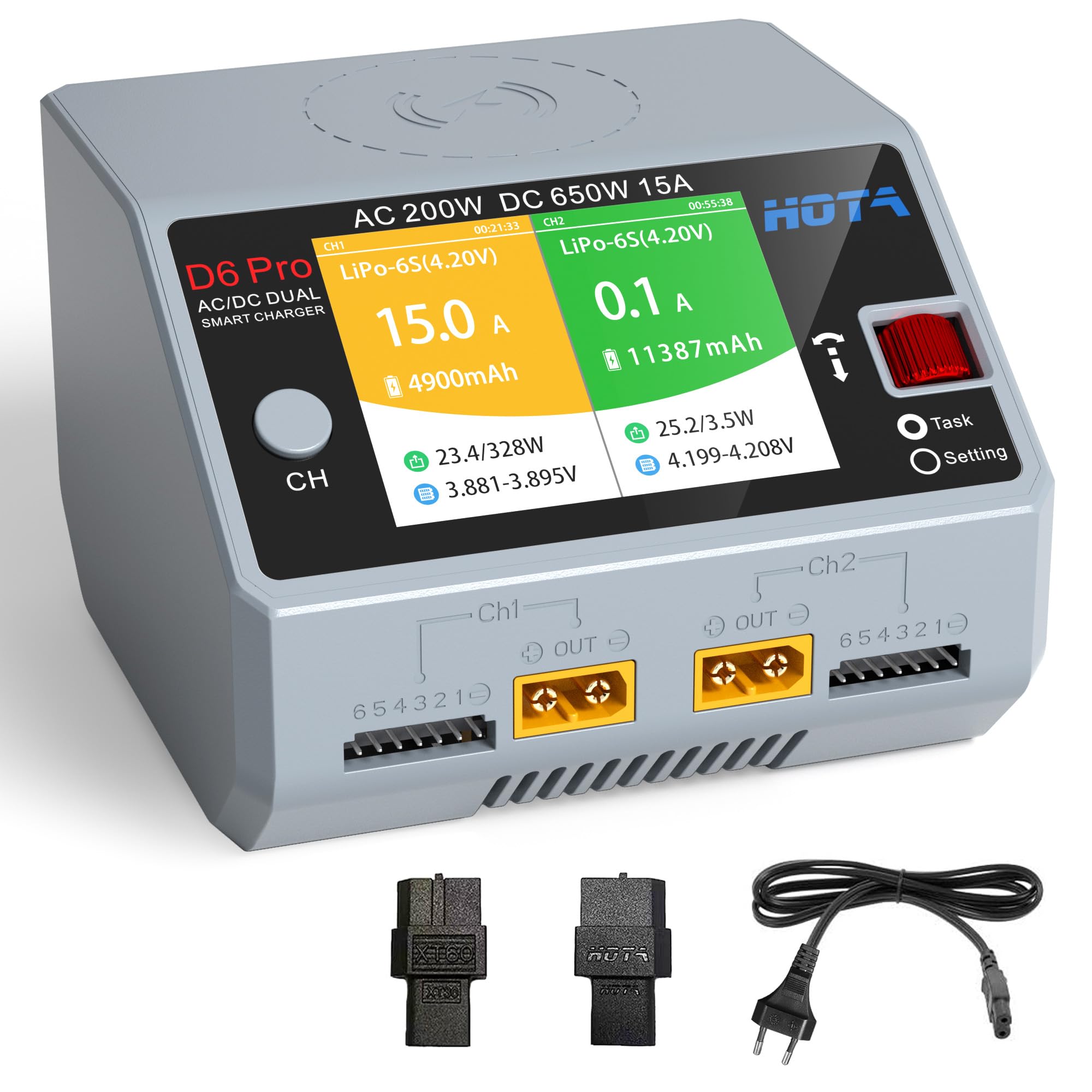 HOTA D6 Pro RC Akku Dual RC Ladegerät, AC200W DC 325W, 15A, Balance Ladegerät zum Laden von RC LiHv, Nicd und NiMH Akkus, RC Auto, RC Boot, FPV Renn Drohnenteilen