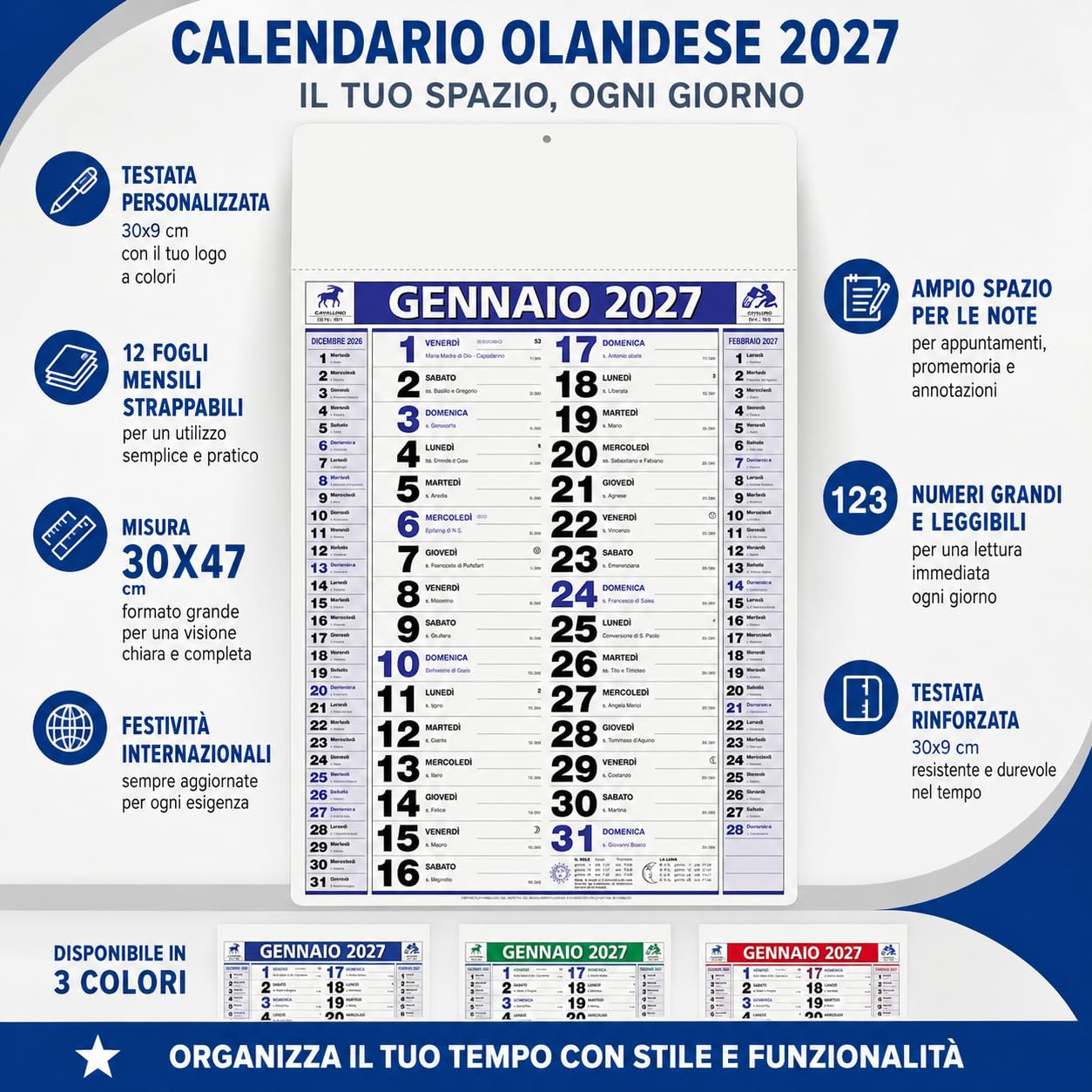 Calendari Personalizzati 2027 in Stock da 100 Pezzi Olandesi Grandi da Muro Notes sul Retro per Gadget Pubblicitari di Fine Anno e come Omaggio per i Clienti o Regali Aziendali | PA646