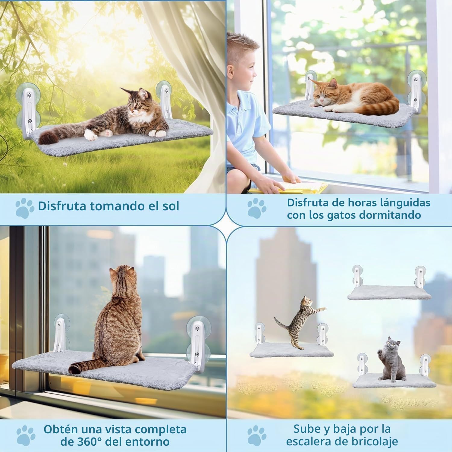 Hamaca para ventana para gatos, cama de felpa, 45 x 30 cm, plegable y estable, 4 ventosas fuertes de hasta 18 kg (gris)