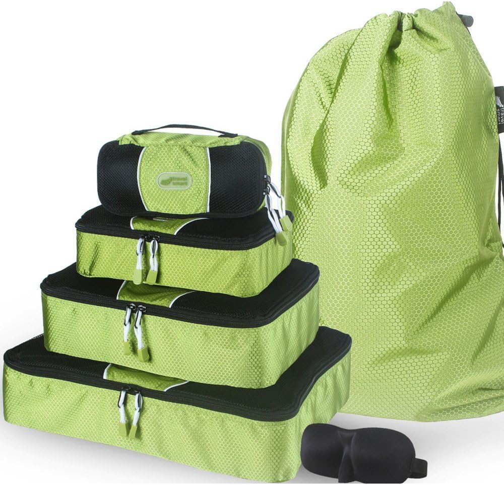 TravelSmartProducts Packing Cubes for Luggage-Set of 4 Travel Organizers. Bonus Laundry Bag and Mask