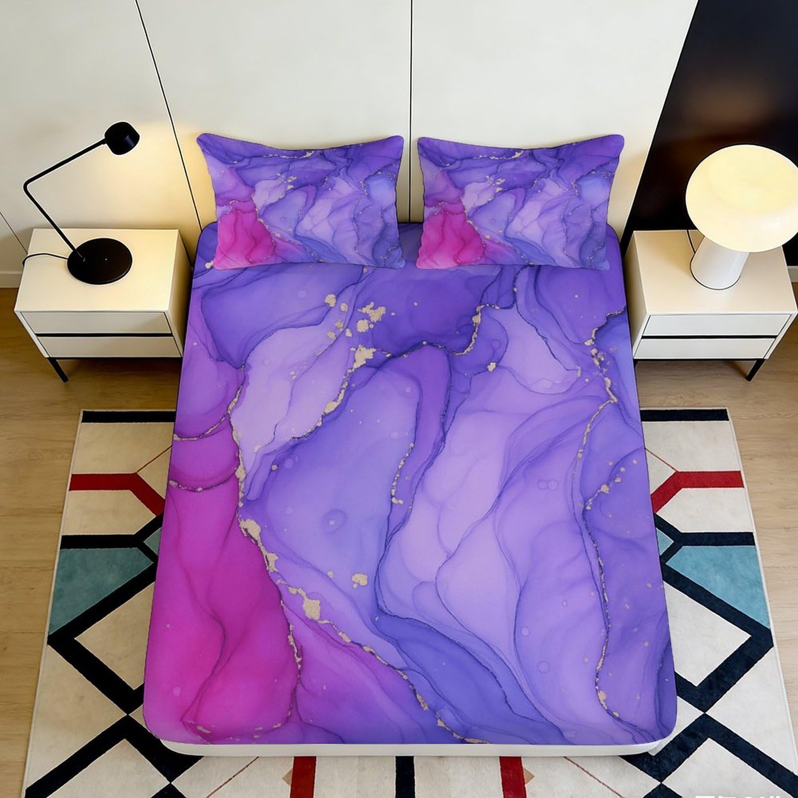 3D Printed Purple Abstract Fitted Sheet Microfiber Deep Pocket Soft Bedroom Bedding Purple Abstract Mattress Fitted Cover Washable 140x200x25cm