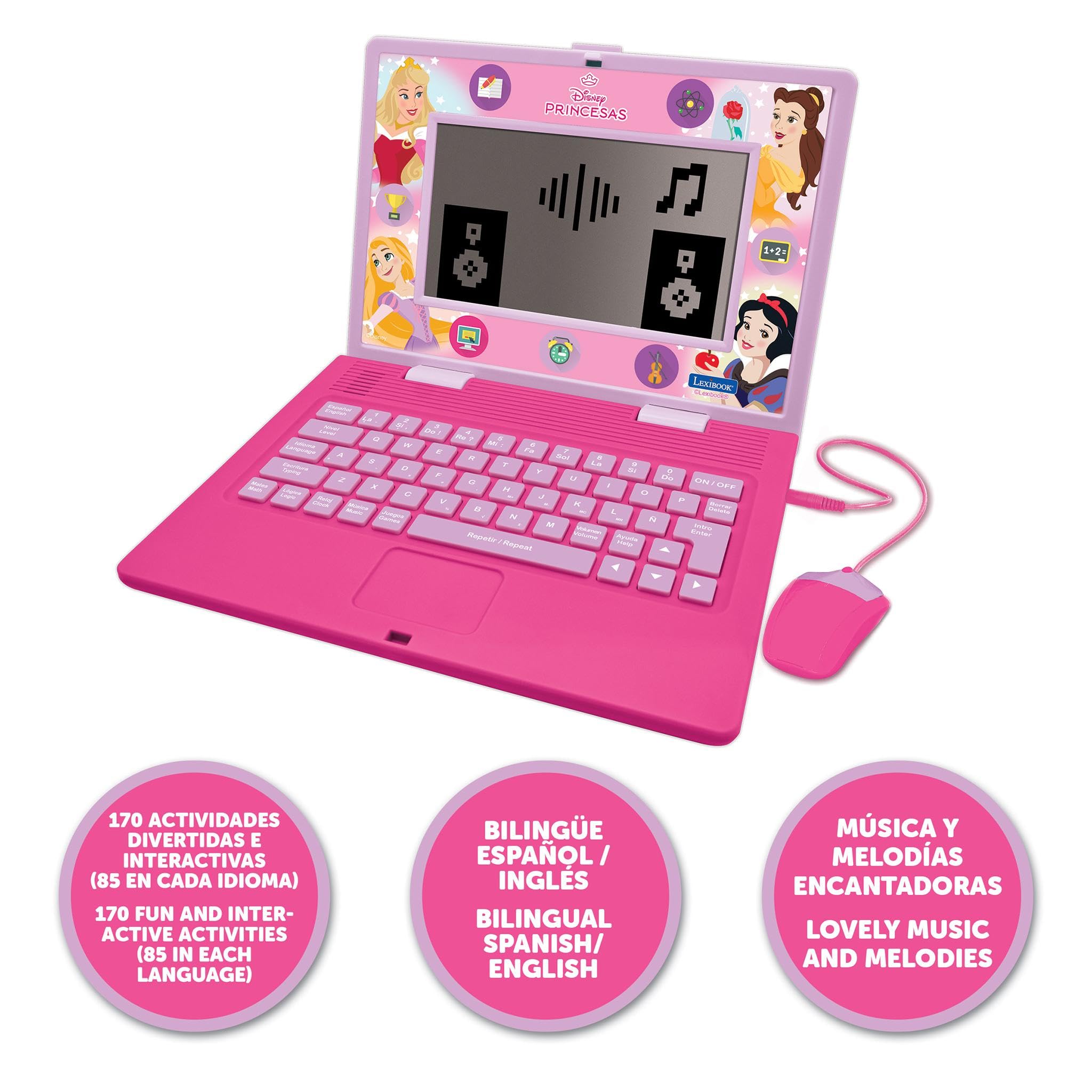 LEXIBOOK, Princessas Disney, Portatile Bilingue e Educativo Spagnolo/Inglese, Giocattolo per Bambini, 170 Attività per Imparare, Giocare Giochi e Musica, Grande Schermo Rosa, JC599DPi2LXB