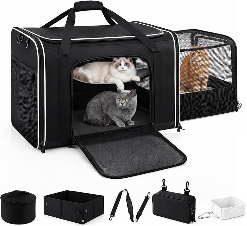 Cat Carrier with Built-in Litter Box, 36"x17"x17" Foldable | Expands for 1-2 Large Cats, Multi-entry Ventilated Mesh, Seat Belt Ready for Car Trips, Portable with Shoulder Strap