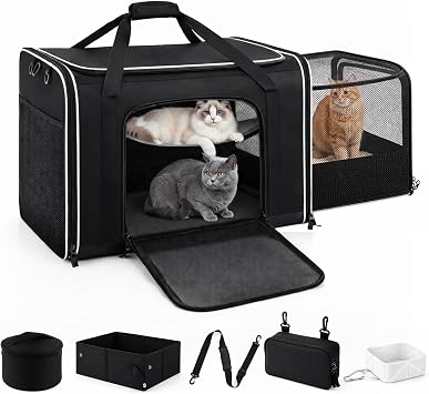 Extra Large Cat Carrier with Built-in Litter Box for Car Travel & Road Trips, Expands to 36"x17"x17", Soft-sided Foldable Travel Crate for 1-2 Large Cats, Multi-entry, Ventilated Mesh, Seat Belt Ready