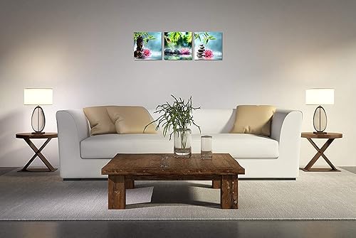 Miniatura 6 de TutuBeer Lienzo zen, 3 paneles, decoración de pared de spa, piedra de spa, verde, bambú, rosa, lirio de agua zen, Buda zen, impresión de pintura