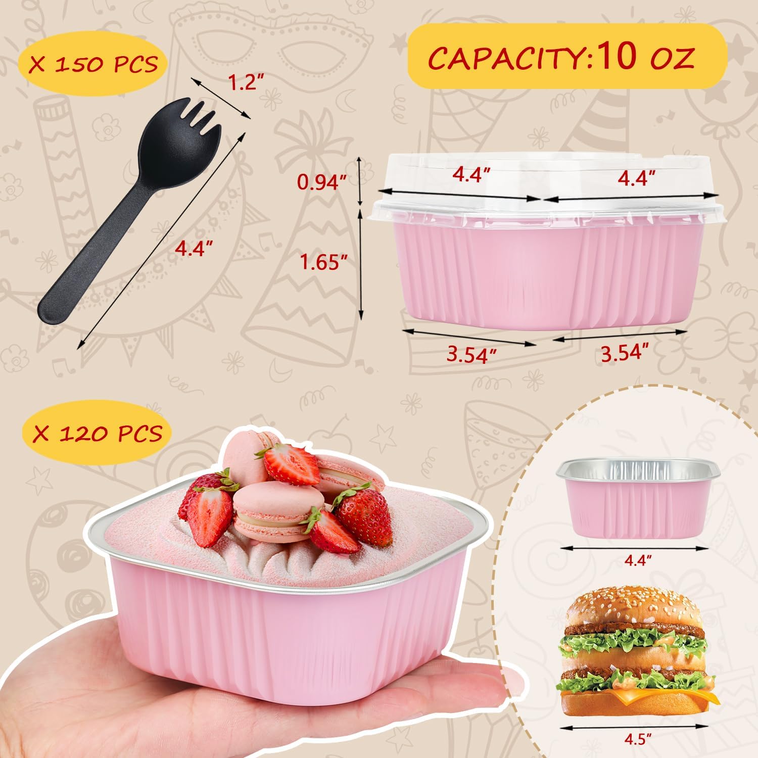 LNYZQUS 120pack/10oz Mini Cake Foil Pans with Lids, 4”x4” Large Cupcake Pan Disposable Ramekins,Small Brownie Baking Cups Square Muffin Tin Cheesecake Containers Holders-Pink