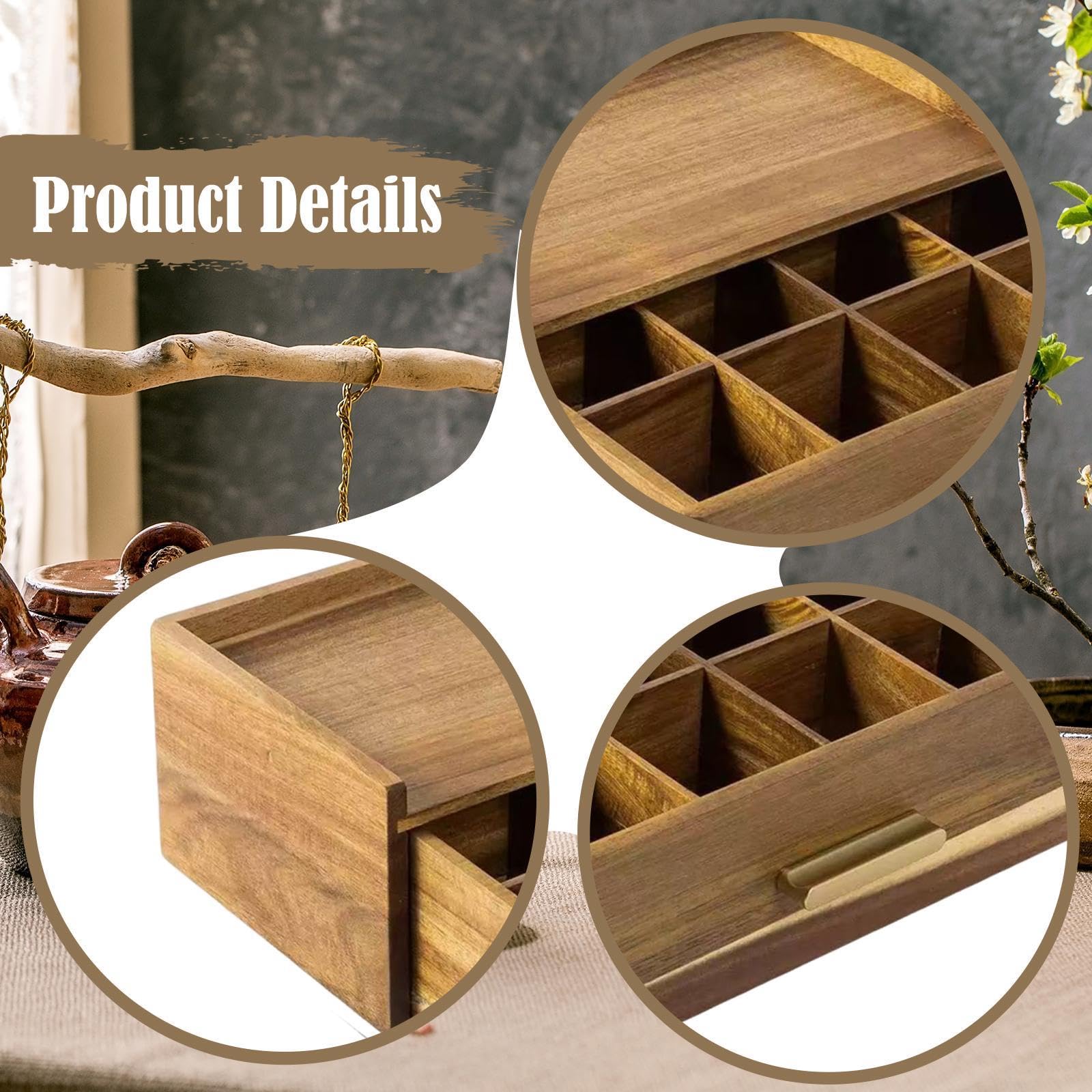 Organiseur de Sachets de Thé en Bois, Boîte de Rangement pour Sachets de Thé, Tiroir Boîte de Rangement, Boite de Rangement Cuisine, Support de Sachets de Thé, pour Sachets de Thé, Café, Infusion