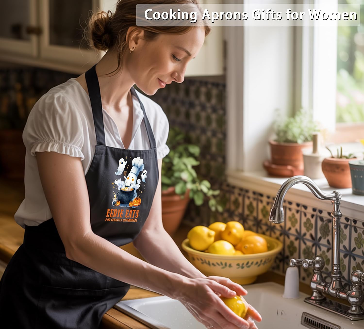 Funny Ghost Apron for Women, Cooking Kitchen BBQ Chef Aprons Gifts for Ghost Lover Birthday Christmas, Cute Adjustable Neck Strap with 2 Pockets image 5