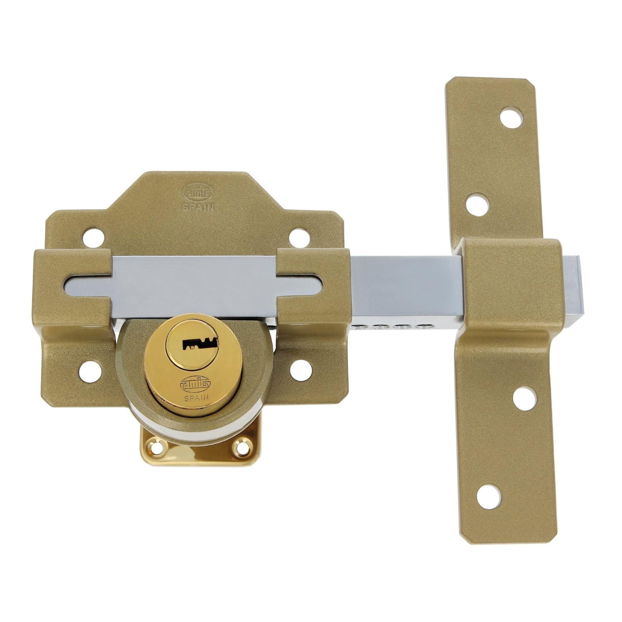 Amig - Cerrojo de Sobreponer con Cilindro Redondo Interior y Exterior Mod. 4-88 x 153 mm - Cerradura de Seguridad con Llave - Incluye 5 Llaves de Punto - Acero Martelé