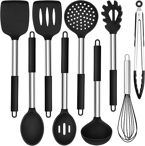 Miniatura 1 de HaWare Juego de utensilios de cocina de silicona, 9 piezas, antiadherentes, resistentes al calor, con mango de acero inoxidable, sin BPA, aptos para