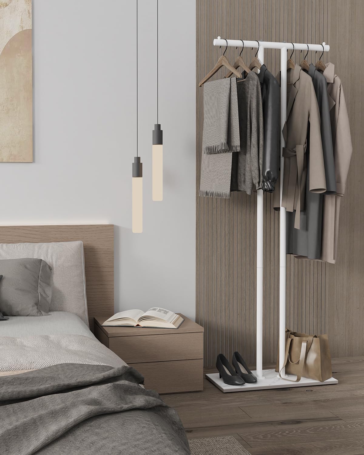 OUTBROS Metal Perchero, 60x25x175cm Perchero de pasillo, Blanco | Standing colgador ropa, Percha independiente con base de losa roca para Guardar Ropa, Bolsos y Sombreros