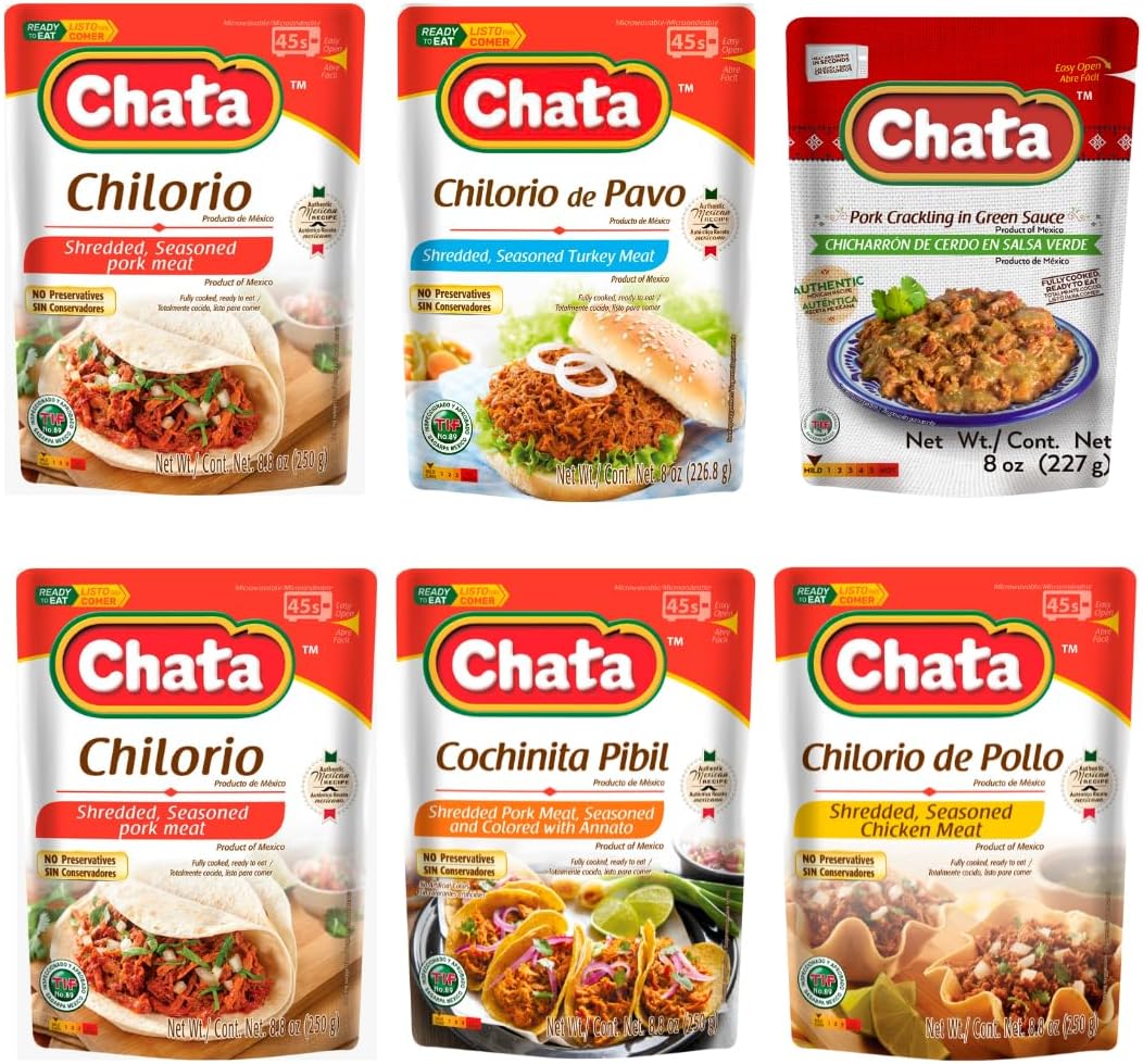 Variety Pack, Mexican Shredded Meats with Pork, Chicken, Turkey and Pork Crackling, 8.8 oz (Pack of 6)