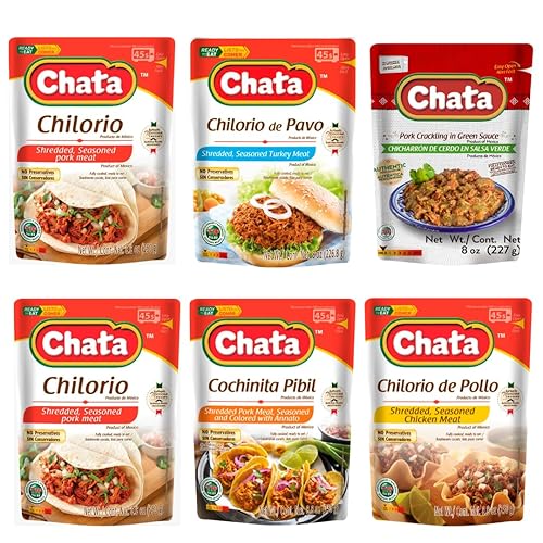 Chata Paquete variado, carnes ralladas mexicanas con carne de cerdo, pollo, pavo y cerdo, 8.8 onzas (paquete de 6)