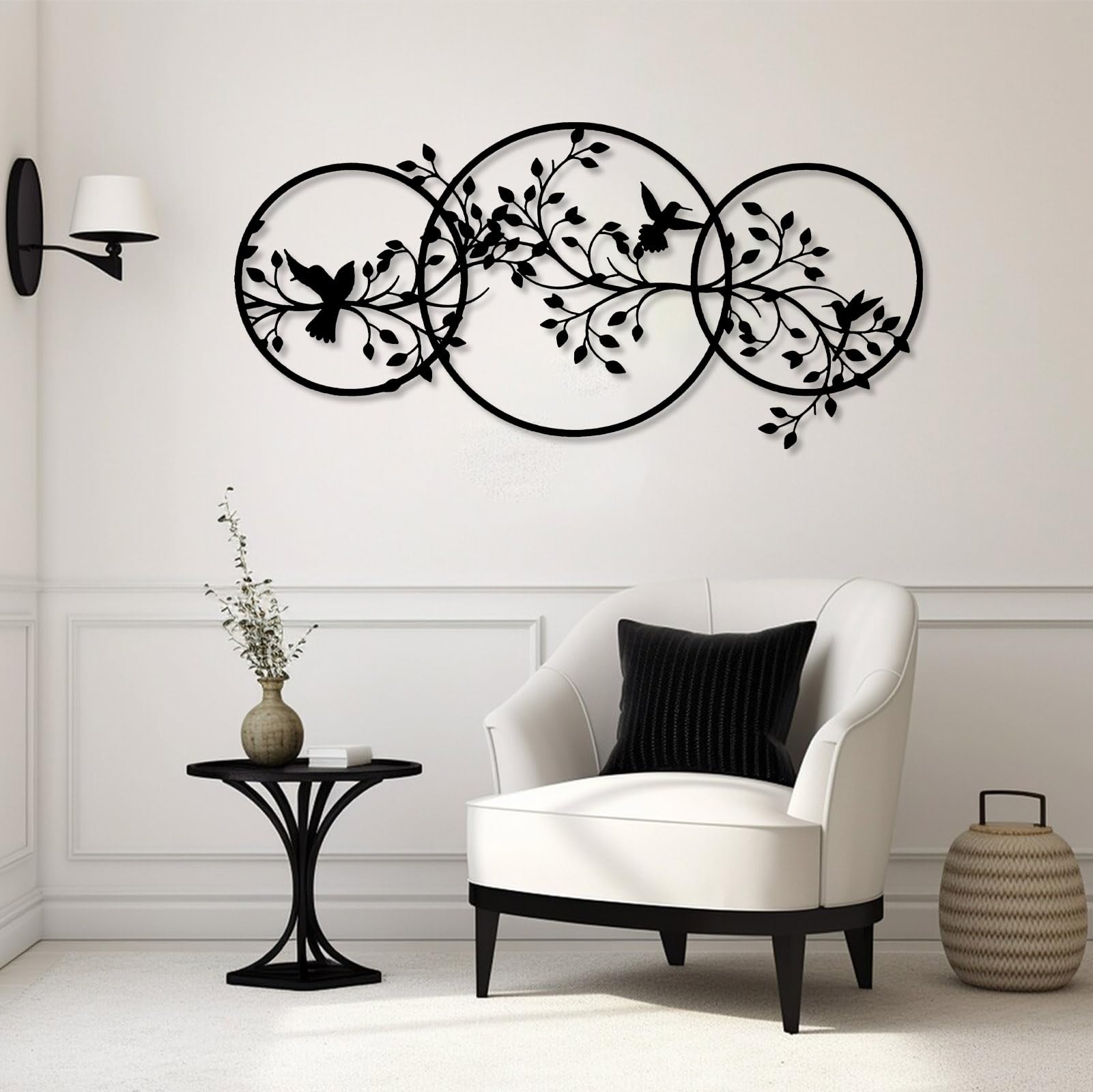Decorazione murale in Metallo Raffigurante Un Uccello Nero su Un Ramo, Silhouette di Albero in Metallo, Scultura Moderna con Uccello per Soggiorno, Camera da Letto, corridoio e Scale (Bianco