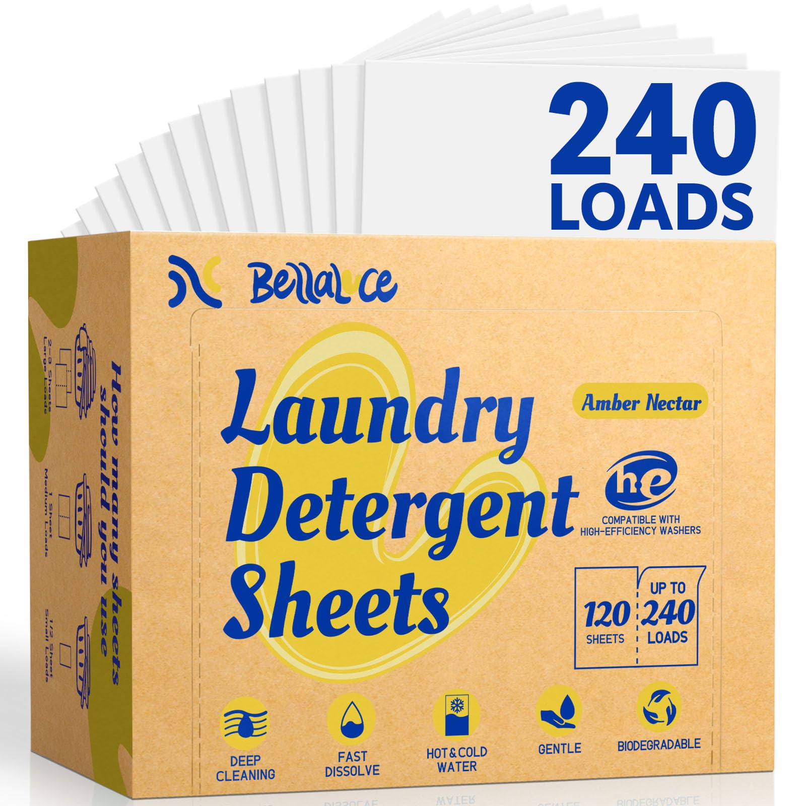 BellaLuce Laundry Detergent Sheets, 240 Loads, Amber Nectar Scent