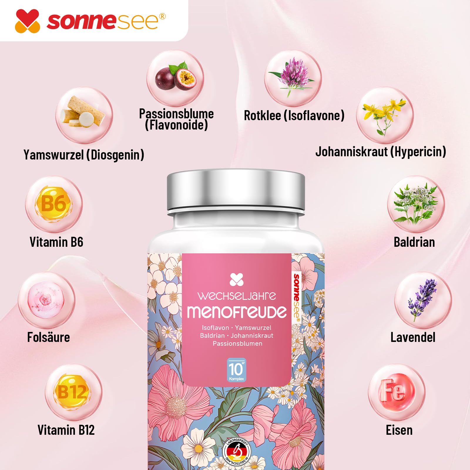 wechseljahre Komplex10 fach kapseln Hochdosiert 500mg Yamswurzel Rotklee-Isoflavone Wechseljahresbeschwerden bei Frauen Meno Balance in Deutschland produziert