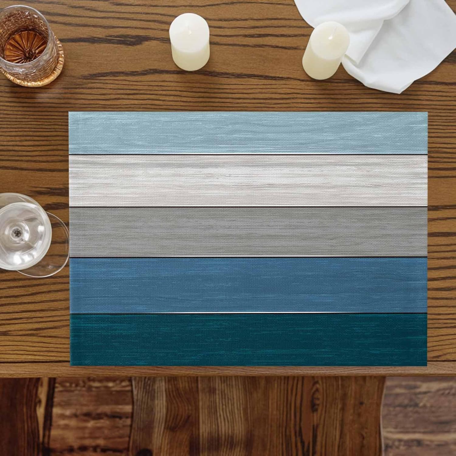 Vandarllin Placemats Set of 6, Retro Rustic Barn Wood Texture Polyester Stain Resistant Table Mats Washable Placemat Decoration for Kitchen Dining Table Ombre Blue Gray Ocean Hues
