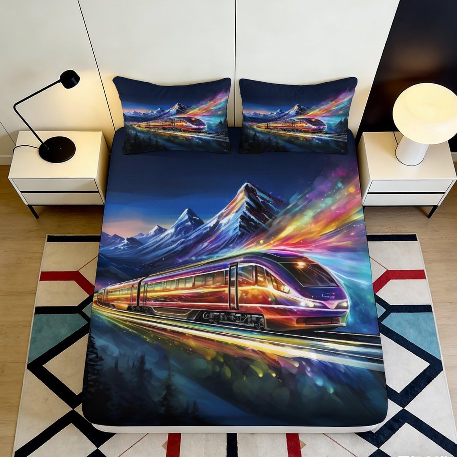 Jqzkxnhpbr Style-9 3D Printed Night Train Journey Fitted Sheet Microfiber Soft Bed Cover Mountain Aurora Mattress Protector Bedroom Decor 90X200x25cm