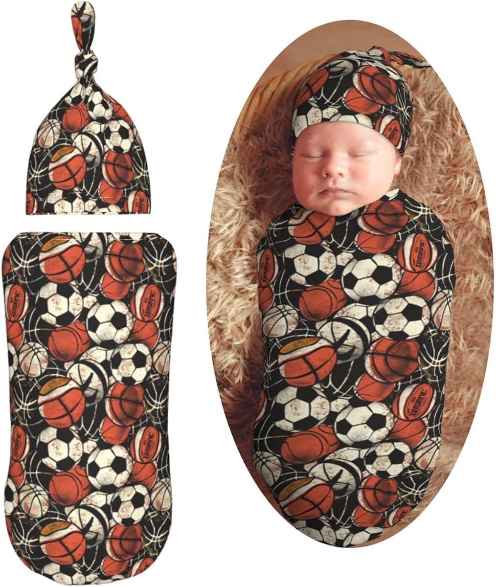 Sports Balls Soccer Basketball Newborn Swaddle Blankets Hat Sets Soft Baby Receiving Blanket Swaddle Sack for Baby Shower Infant Boy Girl Gift