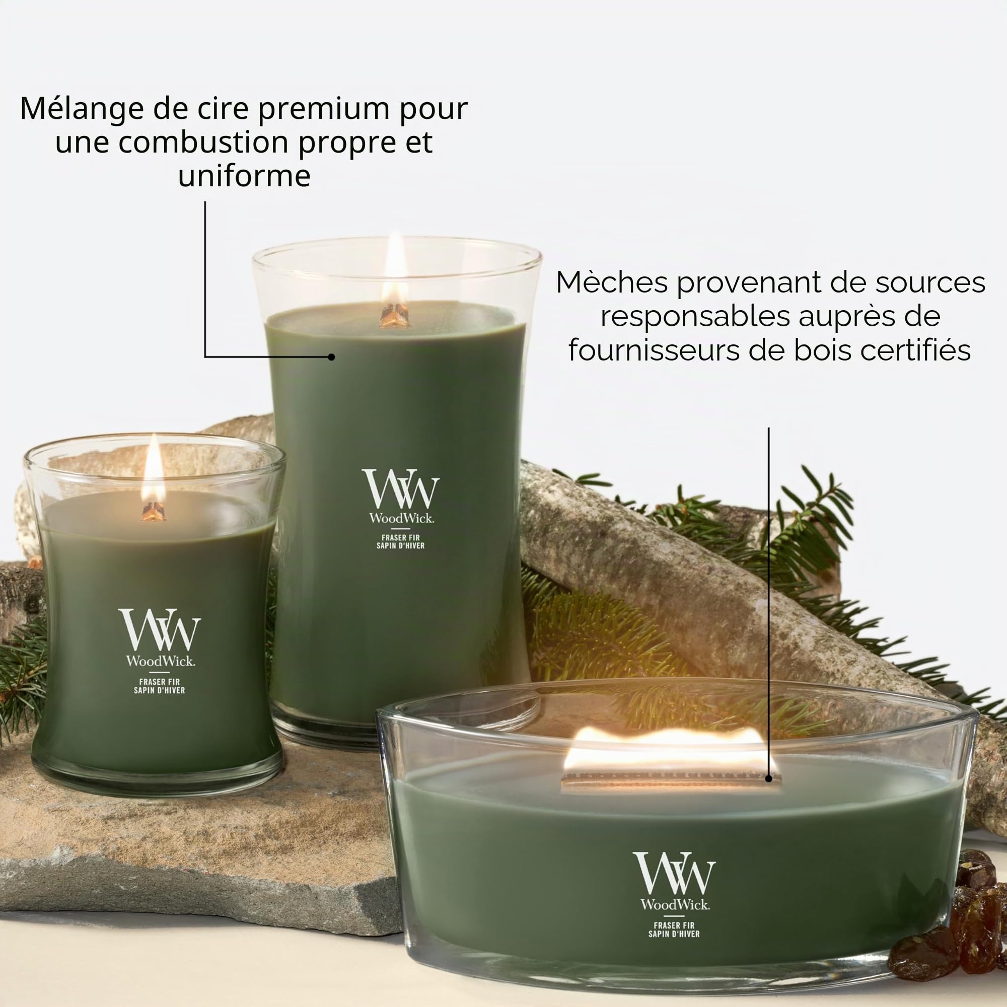 WoodWick grande bougie parfumée sablier avec mèche crépitante | Sapin de fraser | Jusqu'à 130 heures de combustion