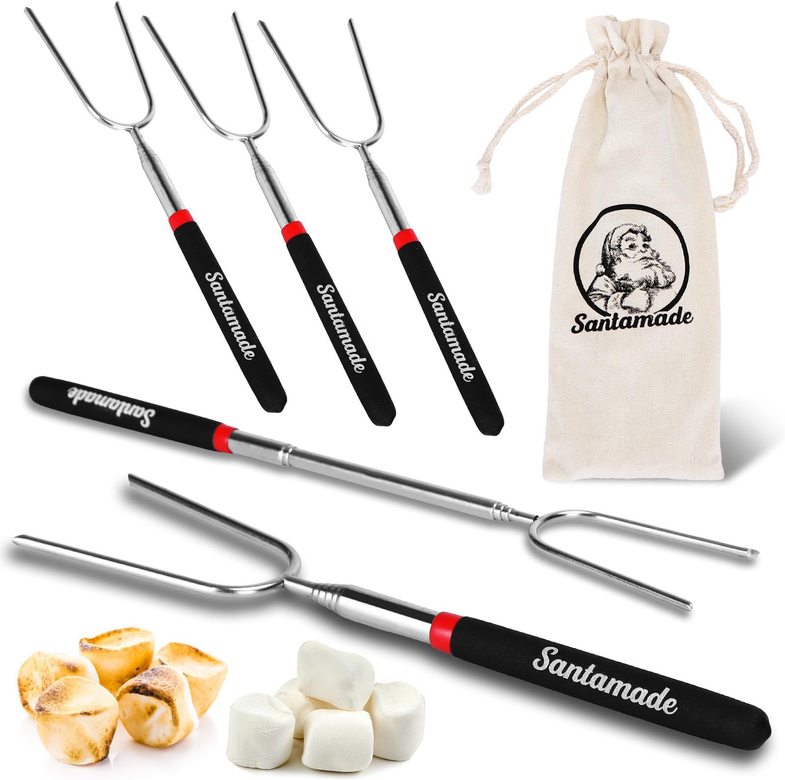 Marshmallow Roasting Sticks Set of 5 -Telescoping Long Smores Sticks for Fire Pit, Hot Dog Sticks for Campfire Grill Bonfire Party Supplies -With Santa Storage Sack