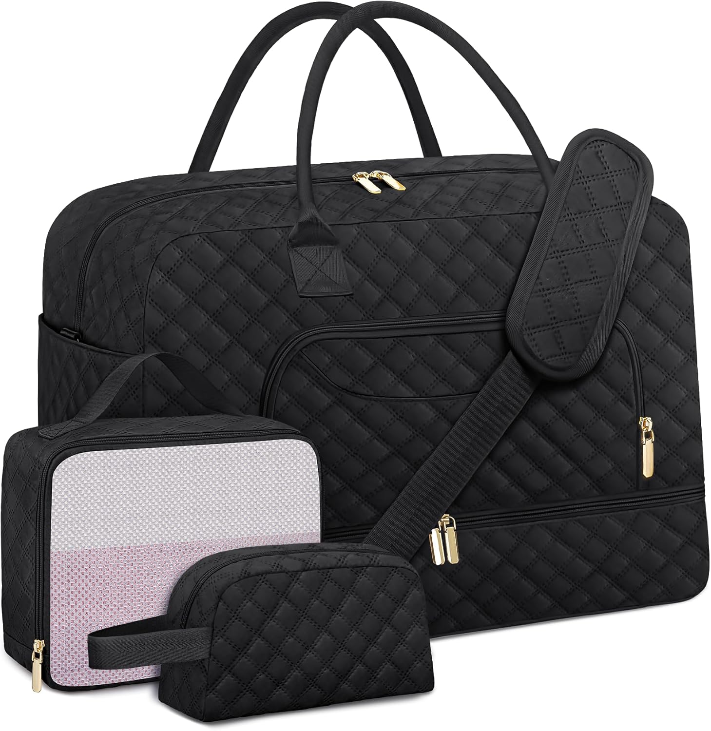 Extra Large Travel Duffel Bag, Weekender Bags for Women with Shoe Compartment, Personal Item Travel Bag with Wet Pocket for Carry on Overnight, Hamper with Handles for Laundry, Black