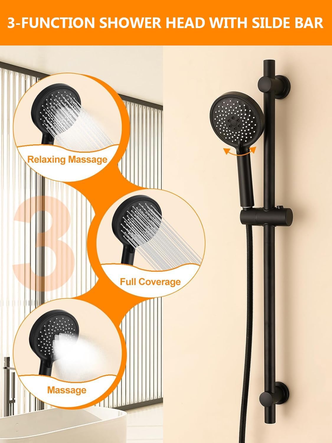 Stainless Steel Slide Bar Shower Set with 3-Function Adjustable Handheld Shower Head and 59-Inch Long Hose Adjustable Holder, Wall Mount ADA-Compliant, Matte Black image 2