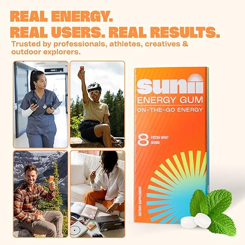 Miniatura 8 de Sunii Energy Gum - Goma de mascar de impulso rápido de energía y enfoque, 50 mg de cafeína, sabor a menta fresca, vitaminas B6 y B5, taurina,