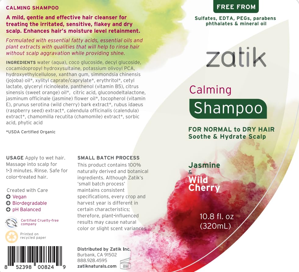 Miniatura 3 de Zatik Naturals - Juego de champú calmante + acondicionador, con jazmín y cereza silvestre para la caspa, vegano biodegradable, pH equilibrado, libre