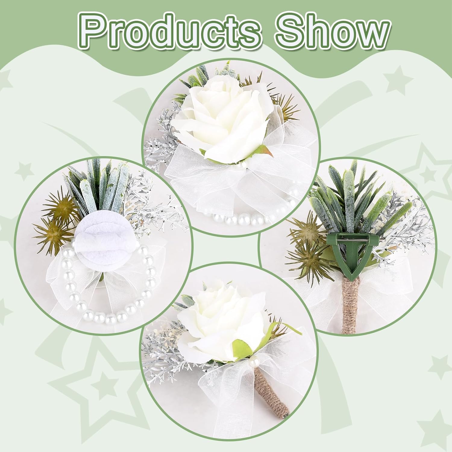 2 Pack White Corsage Wristlet and Boutonniere Set Handmade Artificial Bracelet Button Holes Rose Flower Bracelet White Boutonniere Prom Flower Corsage for Wedding, Ceremony Anniversary