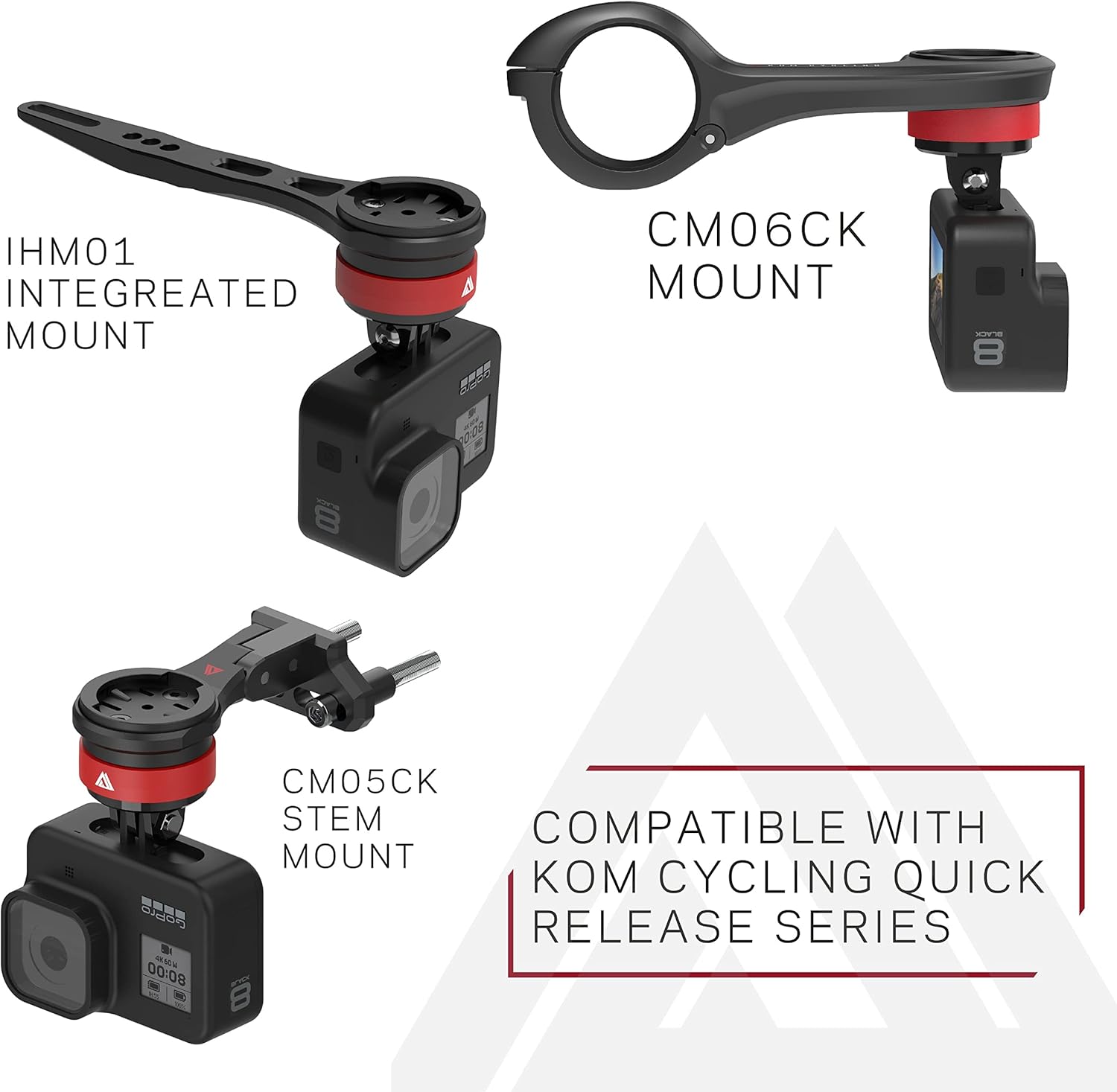 Three different KOM Cycling mounts (Integrated, CM06, Stem) each with a GoPro camera attached using the TG03 adapter, illustrating compatibility.