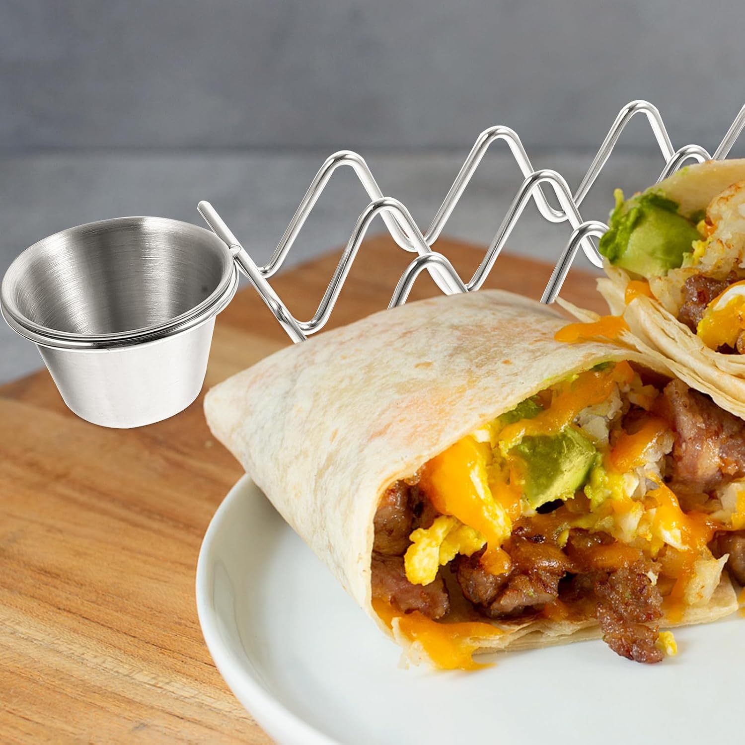 Taco Holder Stackable Serving Rack with Sauce Cup, Stainless Steel