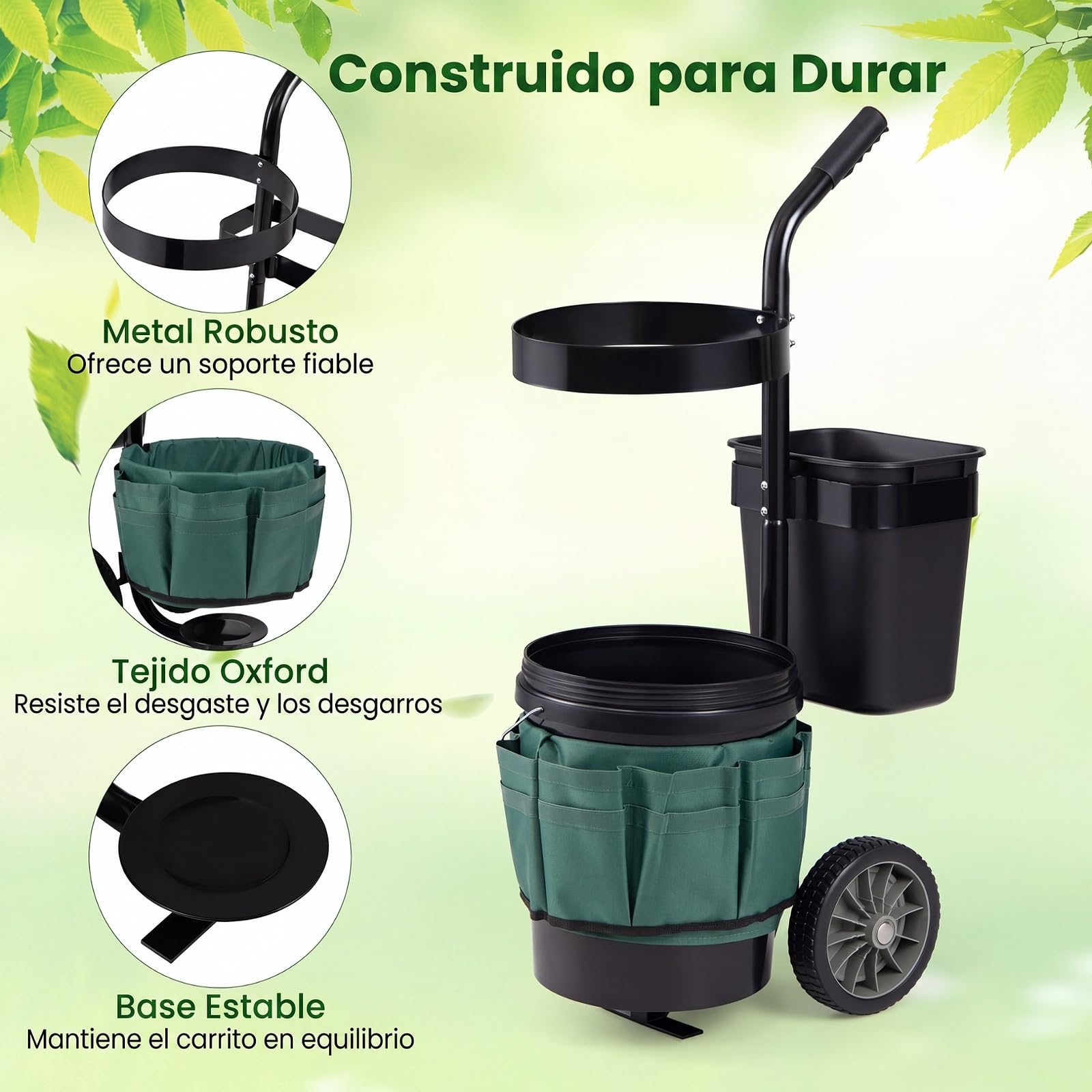 COSTWAY Carro de Jardín para Herramientas, Carrito de Transporte de Jardinería con 2 Cubos Desmontables, Bolsas de Tela Oxford, Estructura de Metal, Carretilla de Utensilios para Exterior