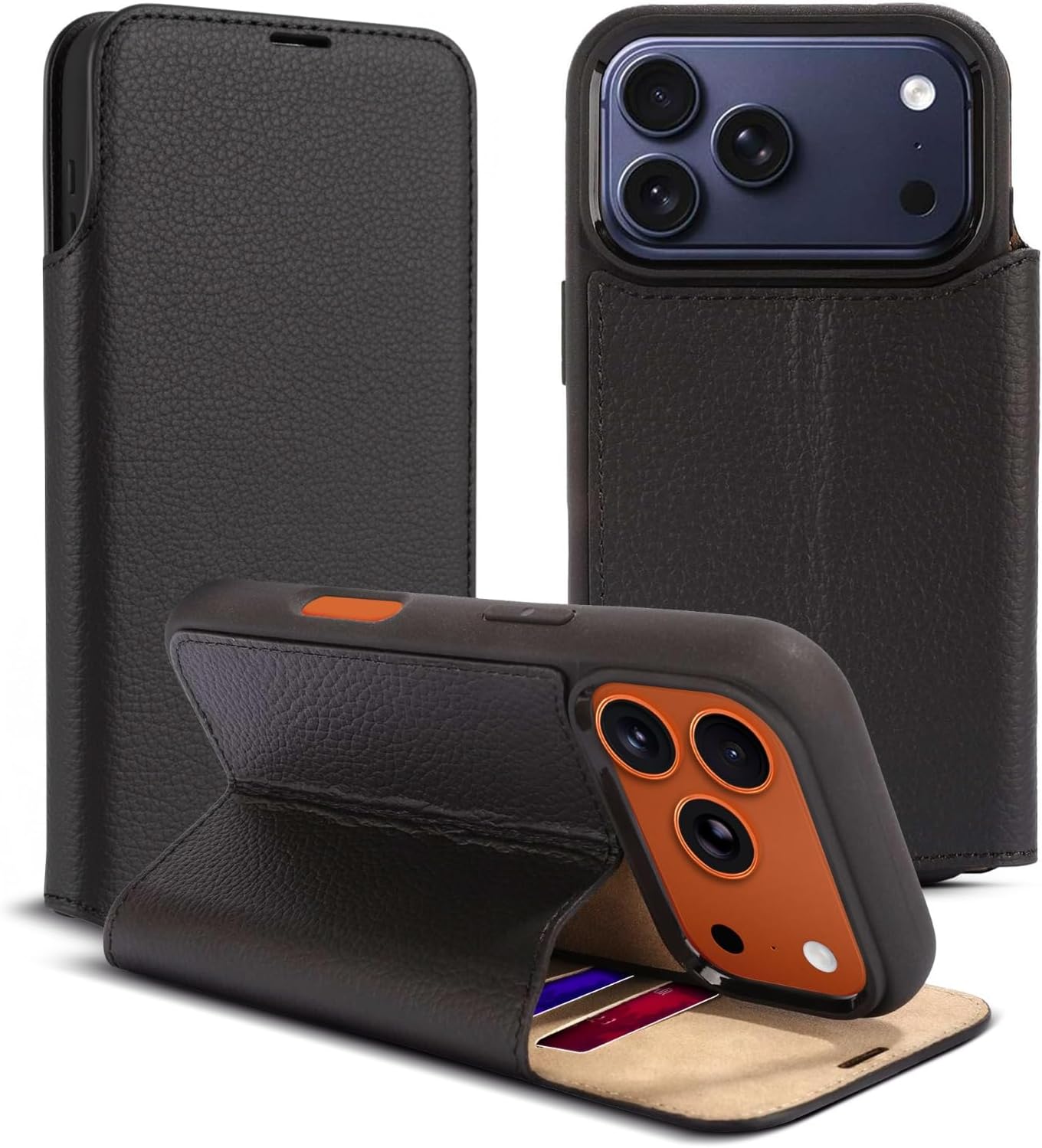 for iPhone 17 Pro Max (6.9") Genuine Pebbled Leather Book Case with Card Holder and Stand - Magnetic Flip Cover, Black