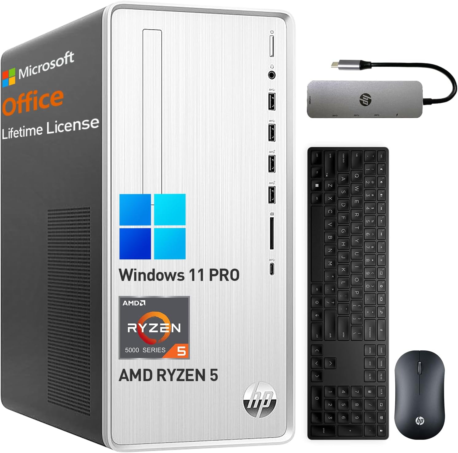 HPDesktop Computer Tower PC, AMD Ryzen 5 Pavilion Desktop Tower for Business and Gaming, 32GB RAM 1TB SSD, Lifetime Microsoft Office, Windows 11 Pro, Wi-Fi 6, Ethernet RJ-45, HDMI, USB-C