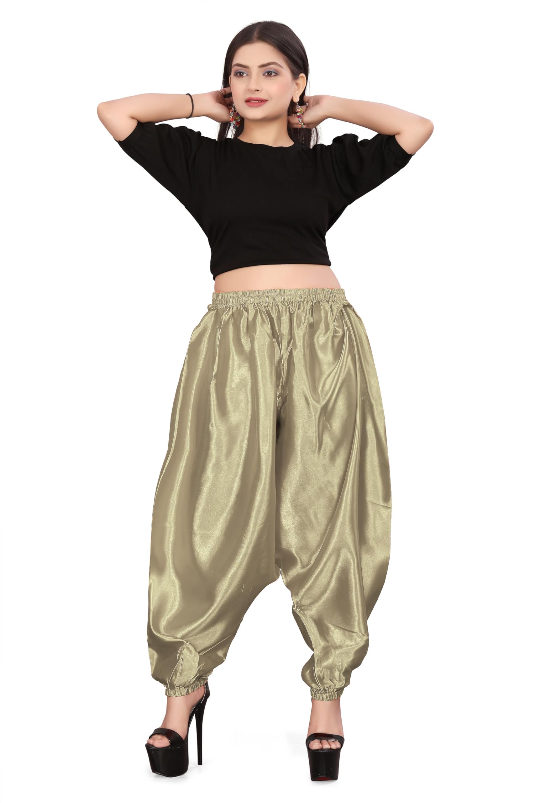 MEEK MERCERY BY KF Satin Belly Dance Harem Boohoo Pant – Elastic Waist, S to 5XL – 41 Colours – Flowing Performance Costume for Stage, Bollywood, Cosplay, Festival & Lounge Wear