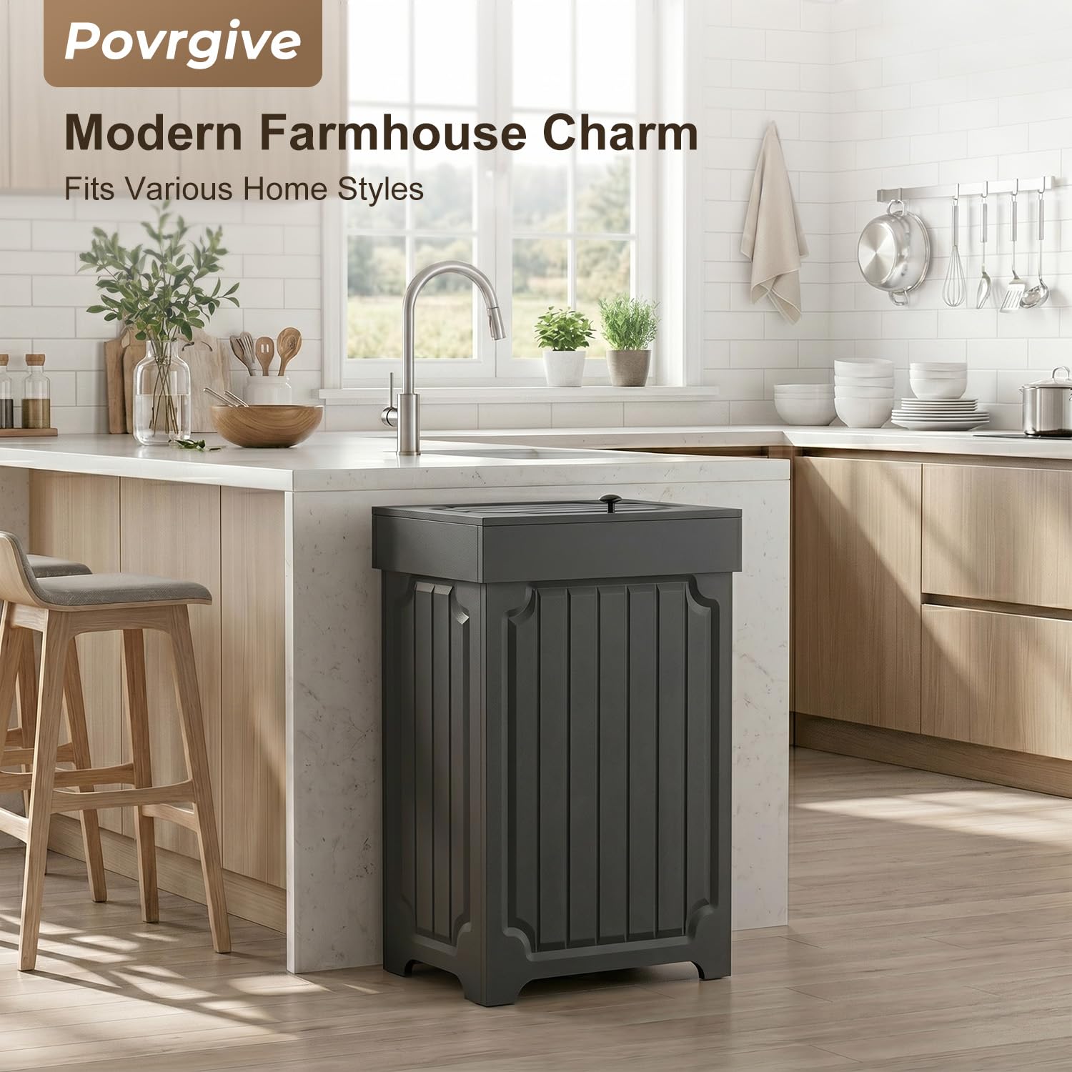 Povrgive Wood Trash Can Cabinet, 13 Gallon Hidden Kitchen Garbage Can with Lid, Farmhouse Dog Proof Trash Can, Metal Ring Included, 16" L x 13" W x 26.5" H, Black