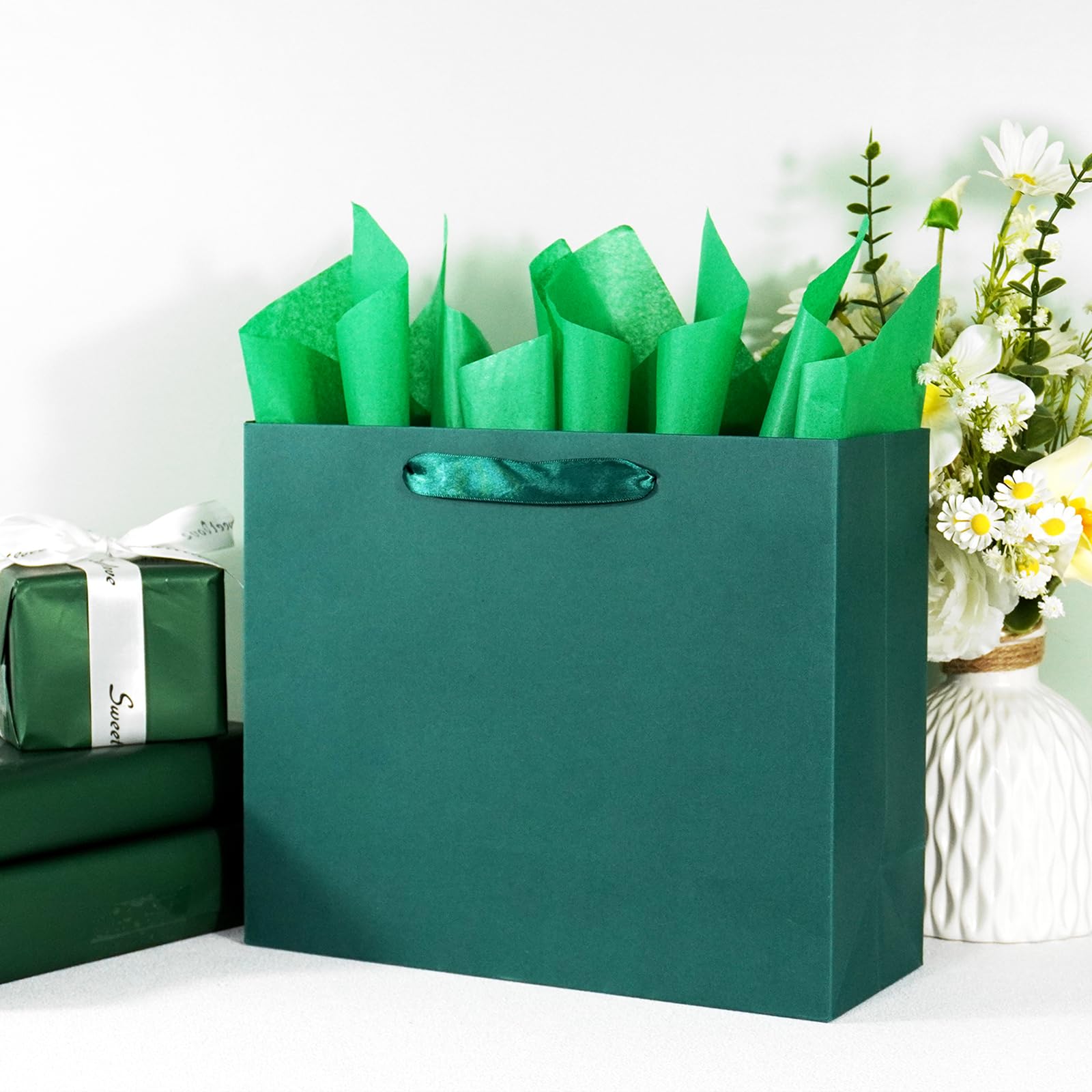 Elegant Green Gift Bag 11.8"x4.5"x9.8" with Ribbon Handles, Includes Card and Tissue Papers, Perfect for Birthdays, Weddings, Parties, Holidays, Baby Shower