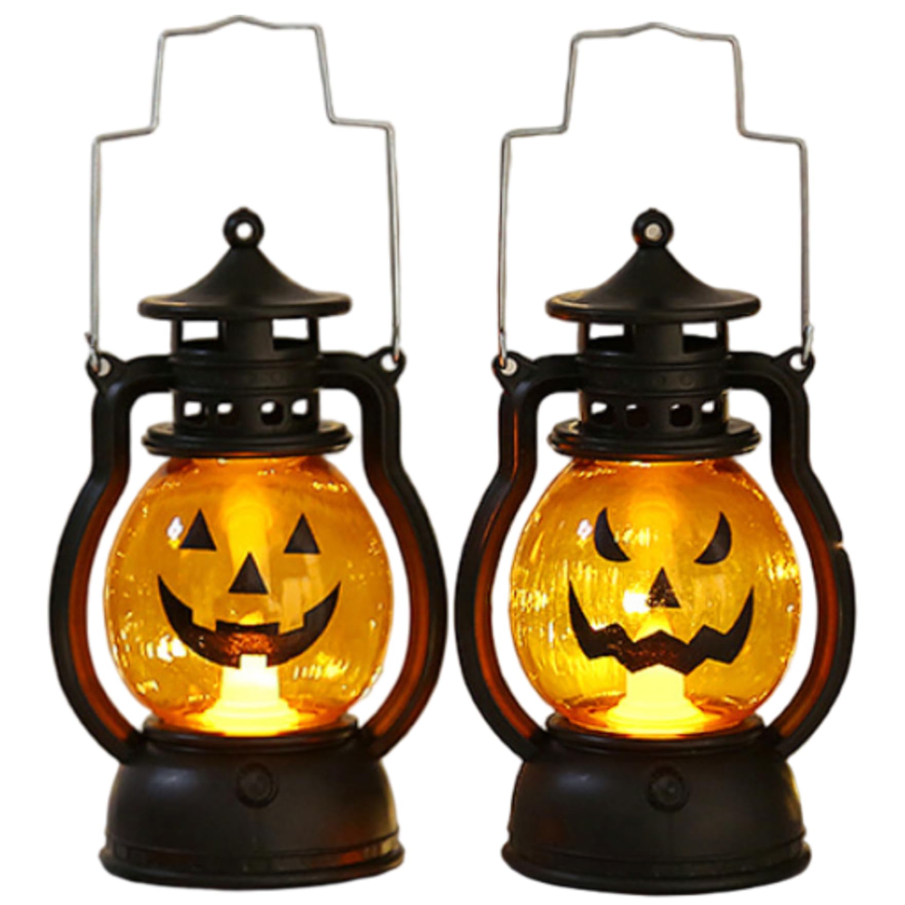 Ameble 2PCS Pumpkin Lantern with LED Light Cute Expression Halloween Lantern with Portable Handle for Halloween Party Decorations Indoor & Outdoor