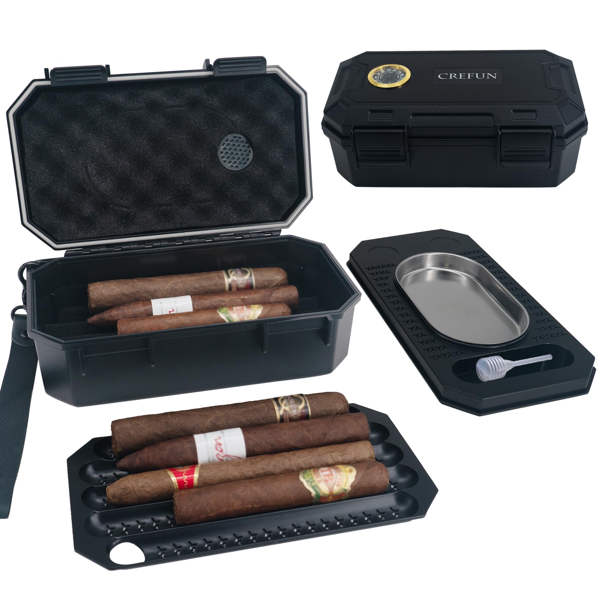 Zigarren Humidor mit Befeuchter & Hygrometer, 3-lagiger Reisehumidor für 10 Zigarren, Zigarrenetui mit integriertem Zigarrenaschenbecher, Zigarren Zubehör Set & Geschenkset für Männer