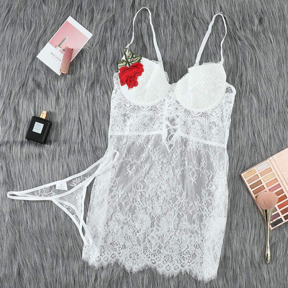 MIYAA San Valentino Sexy Lingerie,Set di Lingerie Sexy da Donna Pizzo Floreale Rosa Ricamo Babydoll Abito con Scollo A V Senza Maniche Camicie da Notte Trasparenti con Perizoma