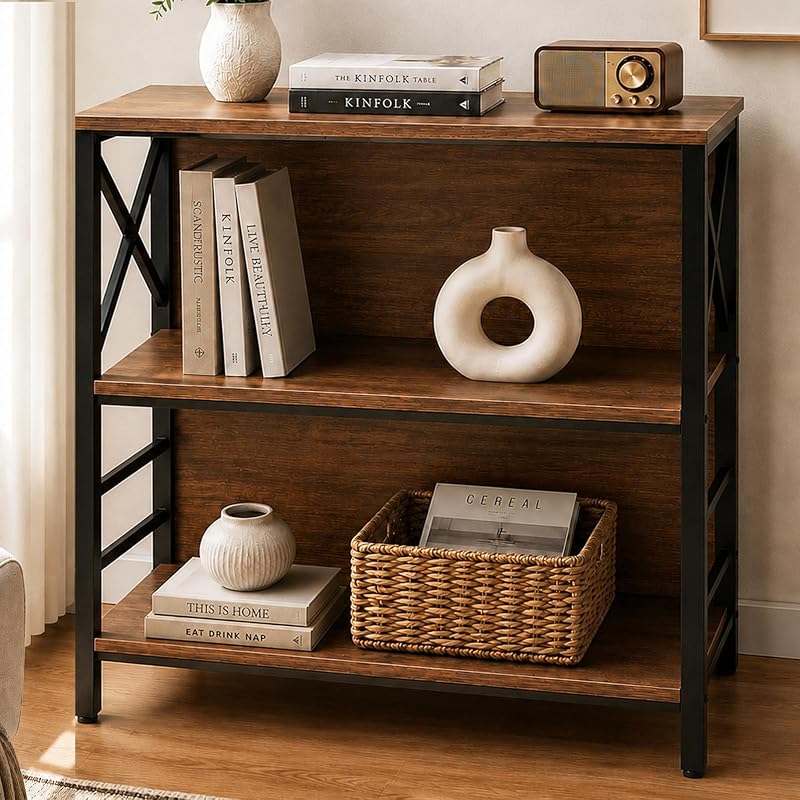Estantería para libros, estantería industrial pequeña de 3 niveles con marco y tablero de metal resistente, estantería corta de 29,5 pulgadas para espacios pequeños, sala de estar, dormitorio y oficina en casa, marrón